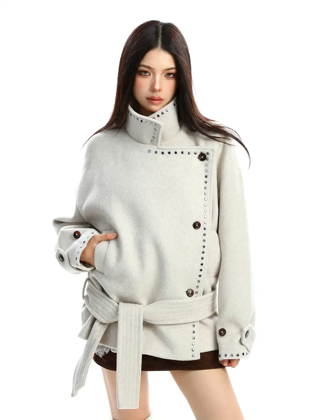 BIGGOLD | Studded Stand-Collar Short Wool Coat