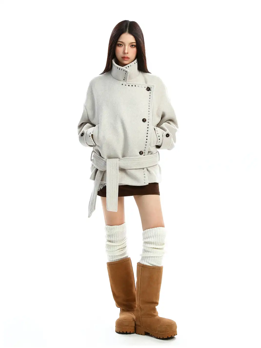 BIGGOLD | Studded Stand-Collar Short Wool Coat