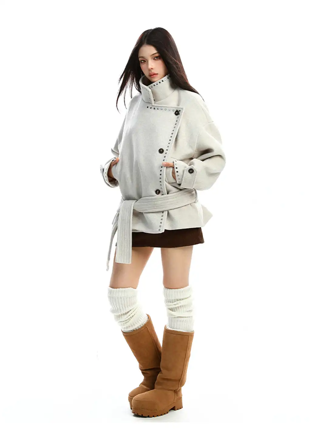 BIGGOLD | Studded Stand-Collar Short Wool Coat