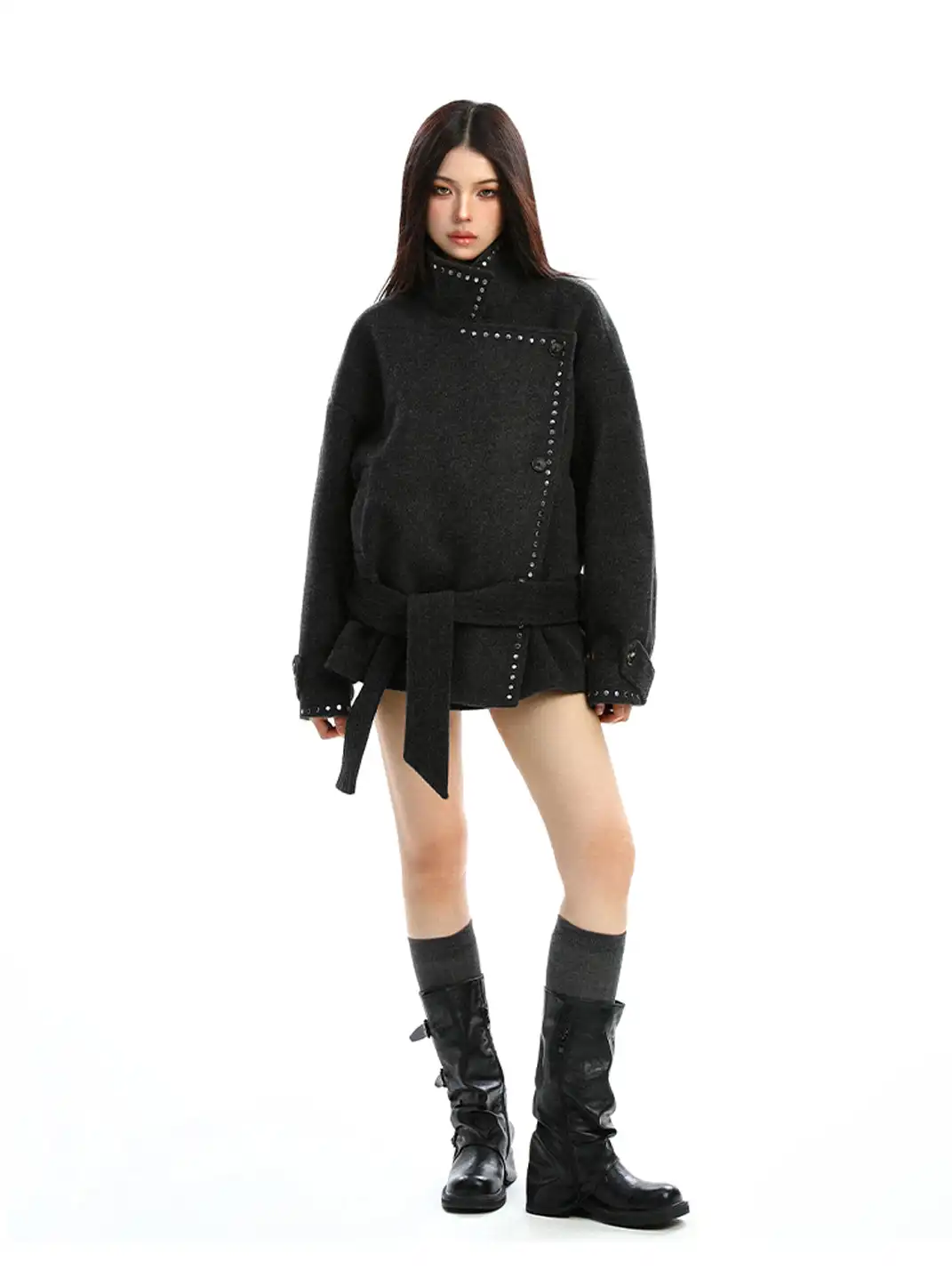 BIGGOLD | Studded Stand-Collar Short Wool Coat