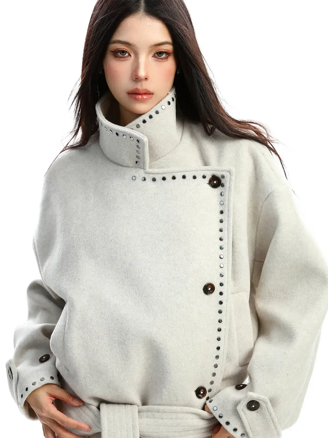 BIGGOLD | Studded Stand-Collar Short Wool Coat