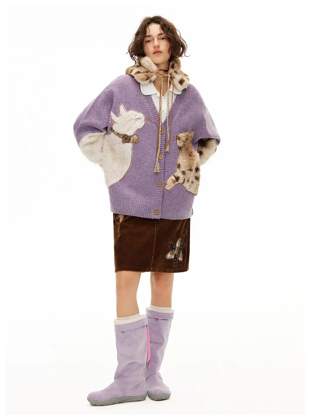 Outthe Blue | Eco-friendly Fur Cat Embroidery Cardigan