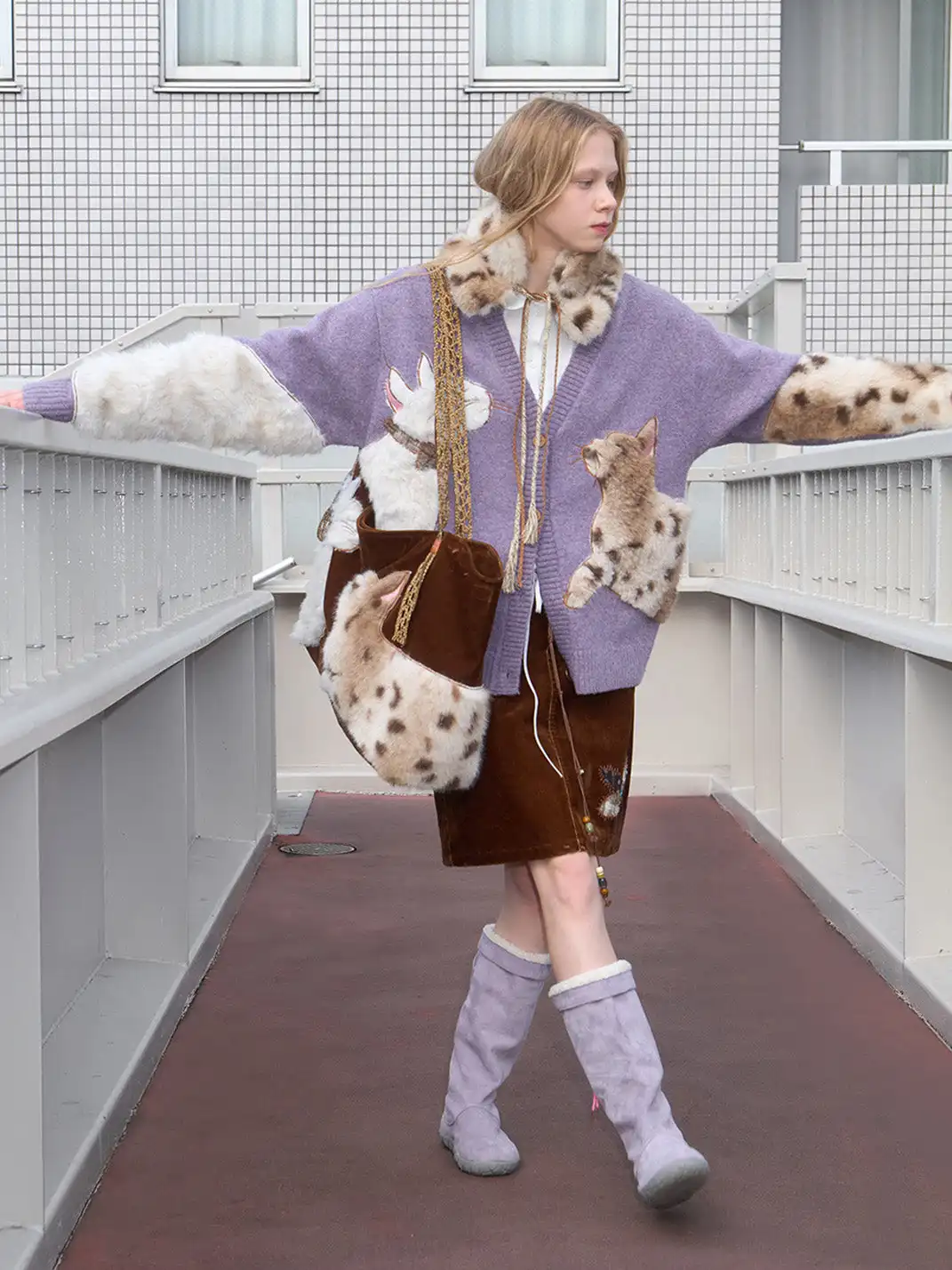 Outthe Blue | Eco-friendly Fur Cat Embroidery Cardigan