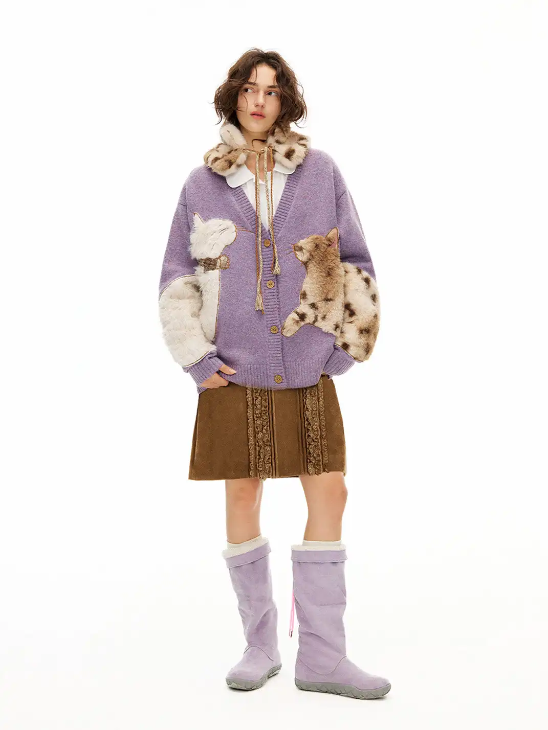 Outthe Blue | Eco-friendly Fur Cat Embroidery Cardigan