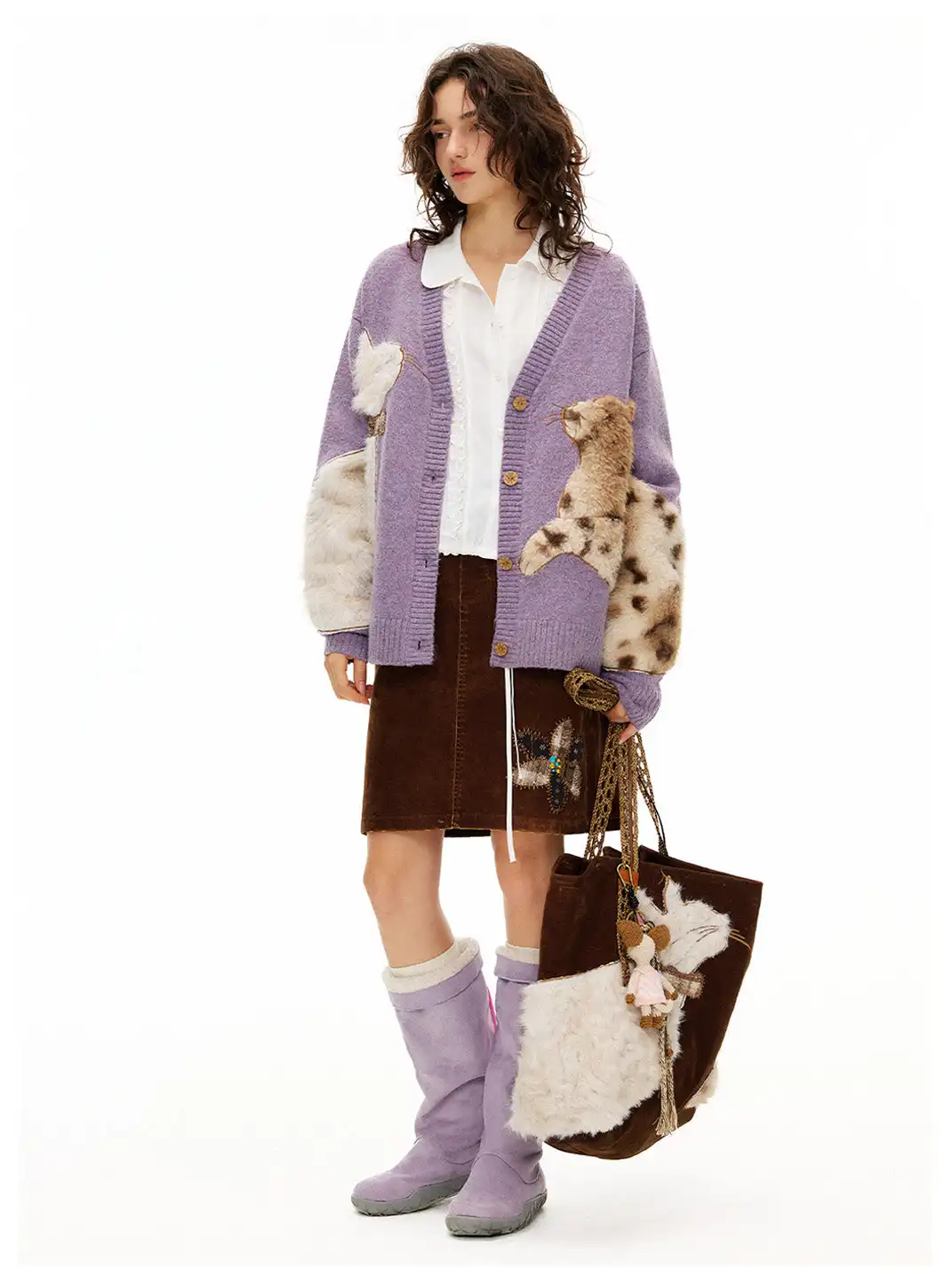 Outthe Blue | Eco-friendly Fur Cat Embroidery Cardigan