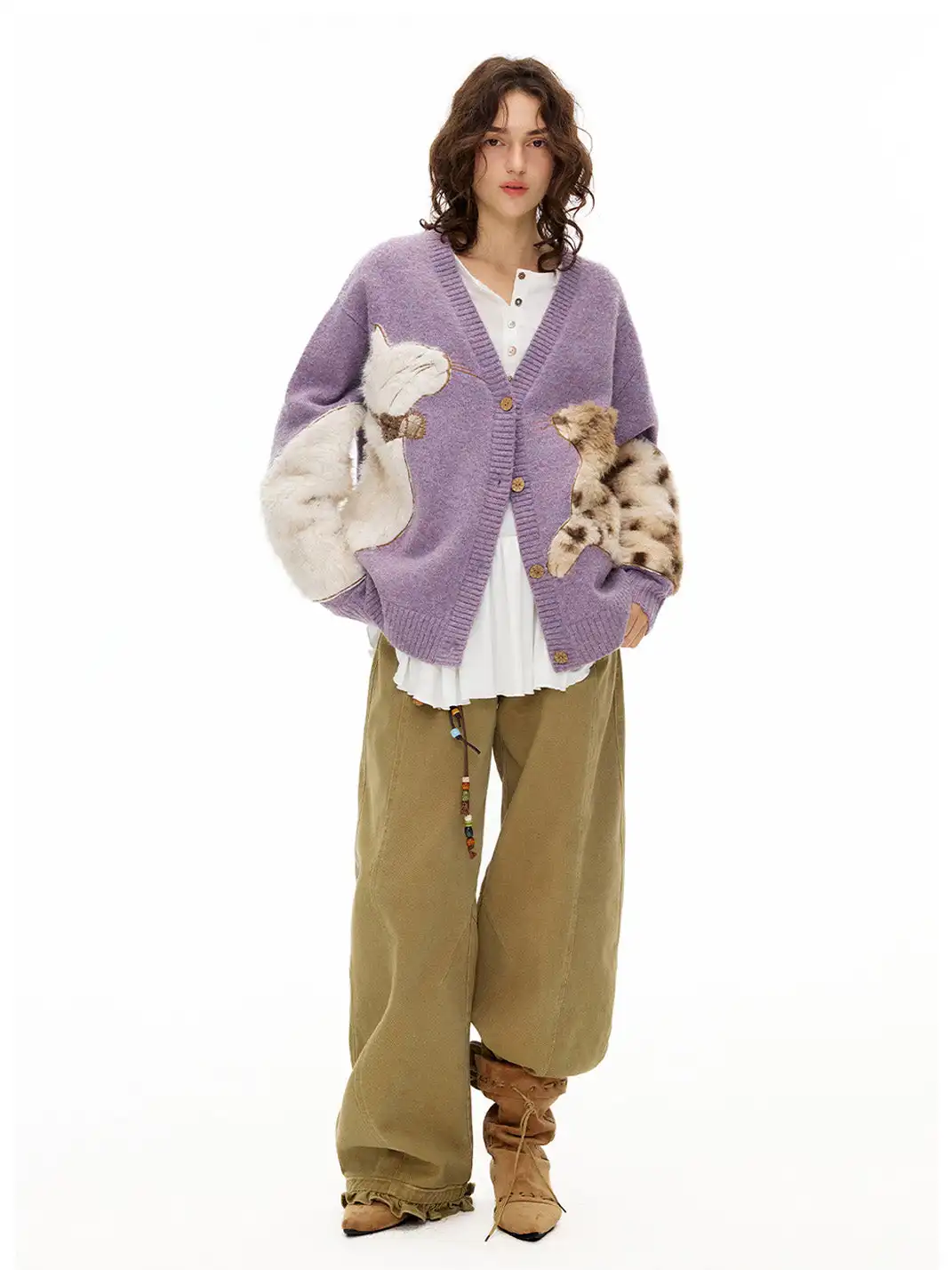 Outthe Blue | Eco-friendly Fur Cat Embroidery Cardigan