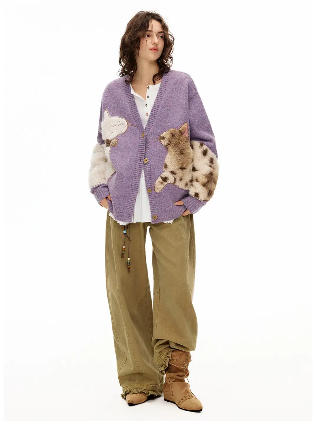 Outthe Blue | Eco-friendly Fur Cat Embroidery Cardigan