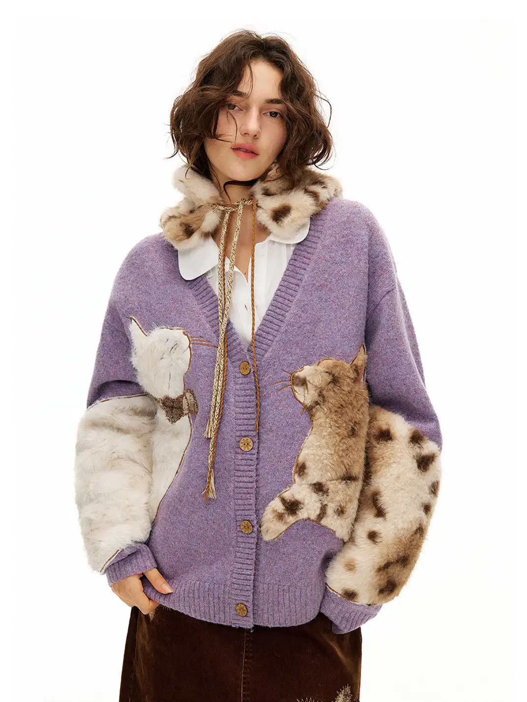 Outthe Blue | Eco-friendly Fur Cat Embroidery Cardigan
