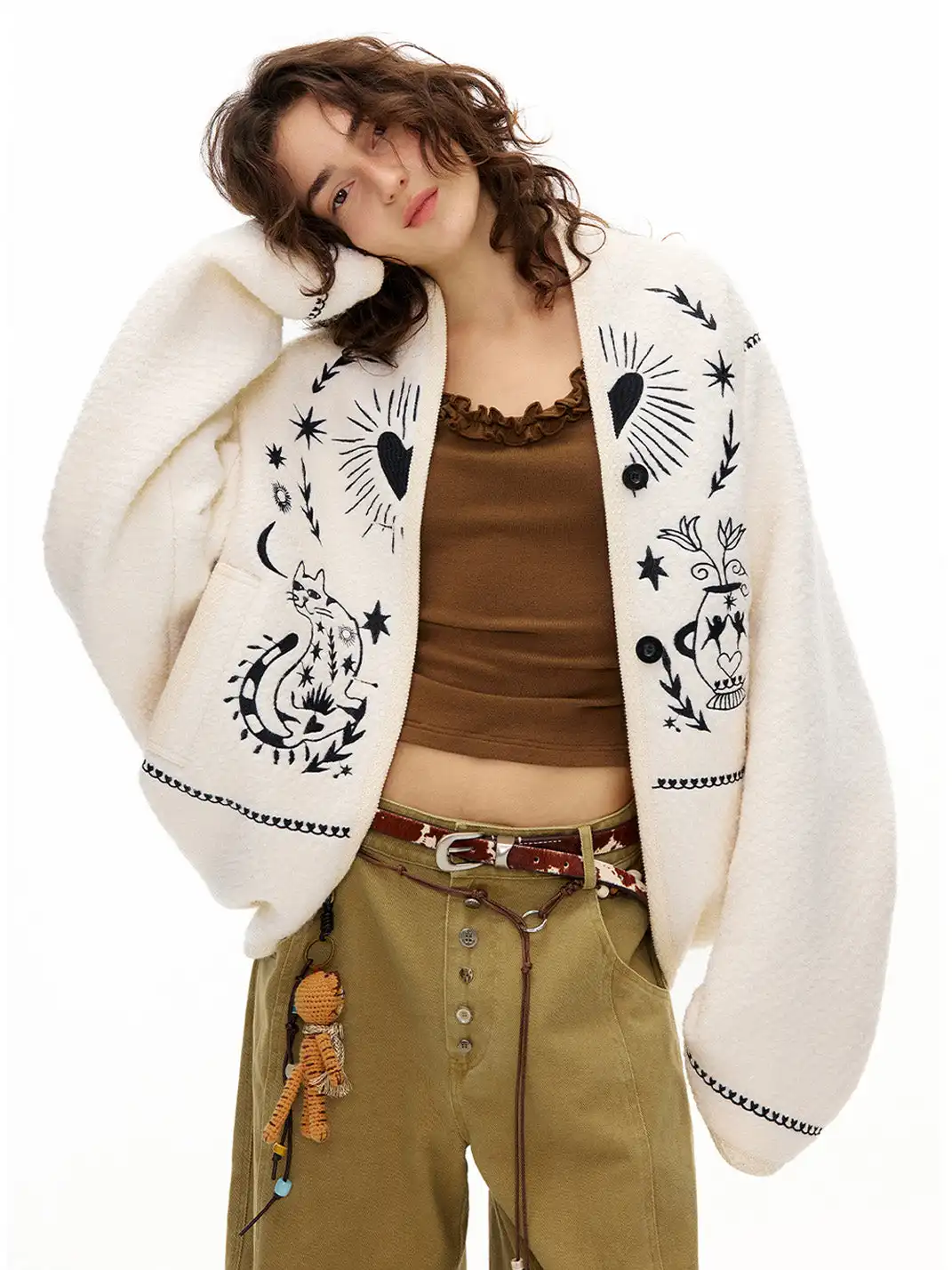 Outthe Blue | Embroidered Drop Shoulder Loose Woolen Jacket