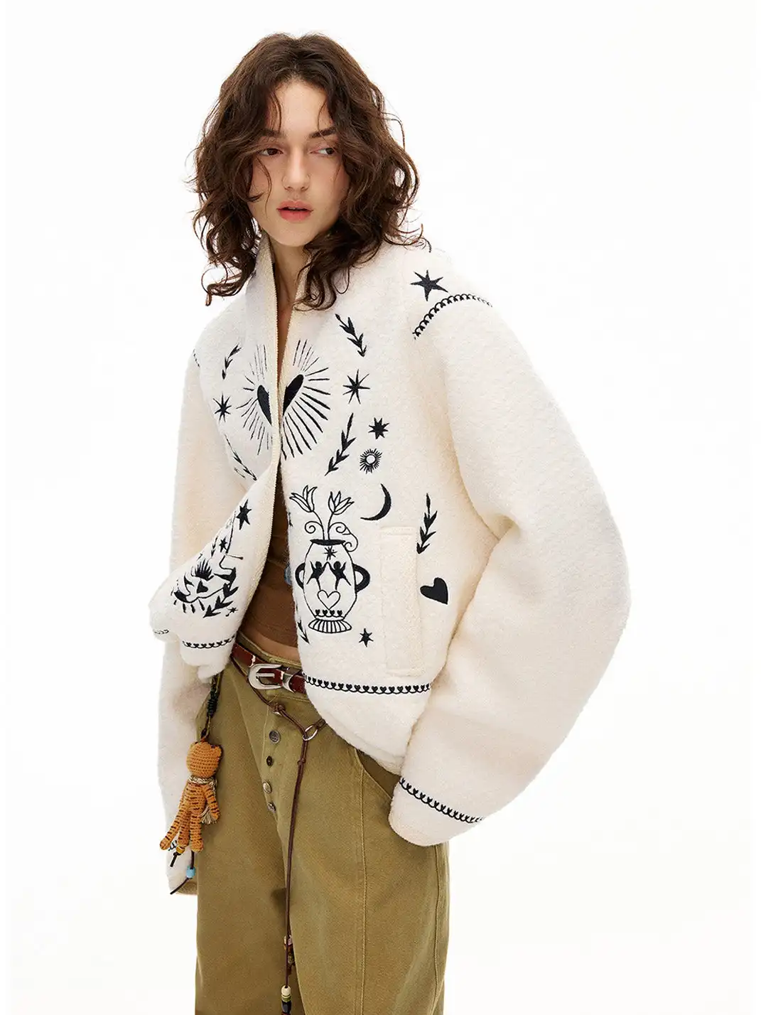 Outthe Blue | Embroidered Drop Shoulder Loose Woolen Jacket