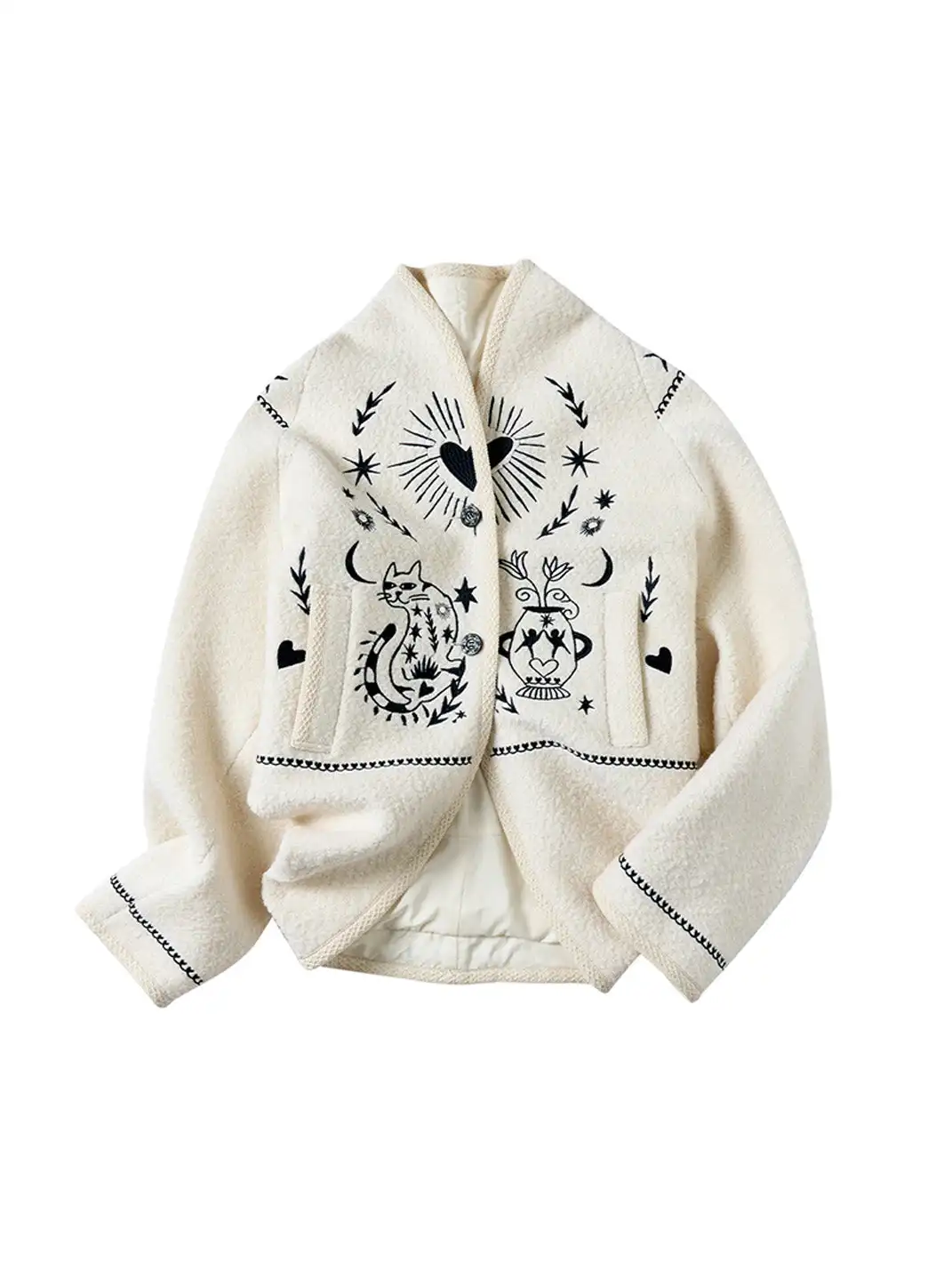 Outthe Blue | Embroidered Drop Shoulder Loose Woolen Jacket