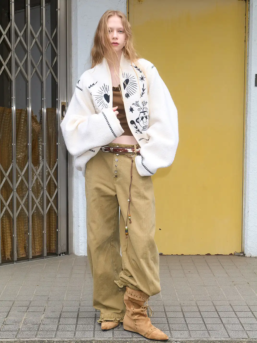 Outthe Blue | Embroidered Drop Shoulder Loose Woolen Jacket