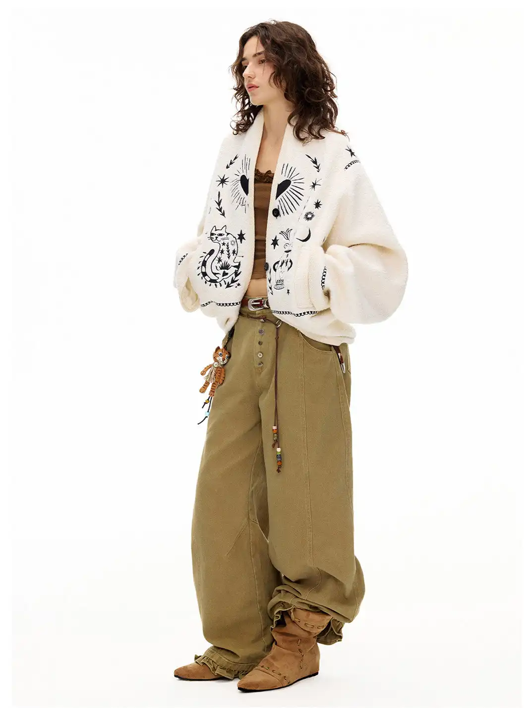 Outthe Blue | Embroidered Drop Shoulder Loose Woolen Jacket