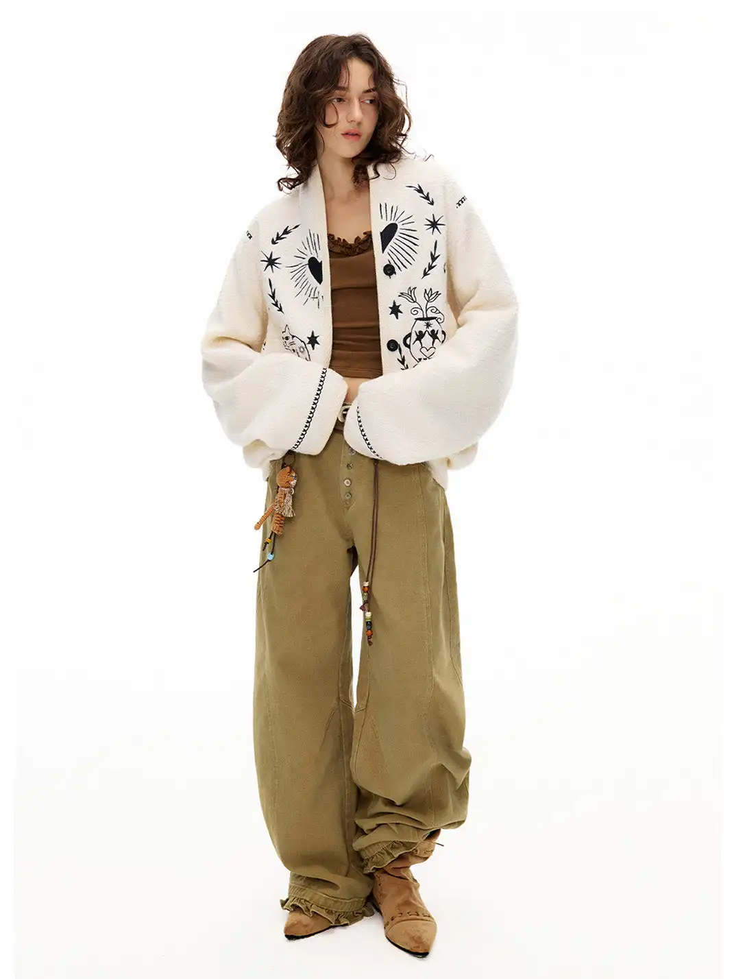 Outthe Blue | Embroidered Drop Shoulder Loose Woolen Jacket