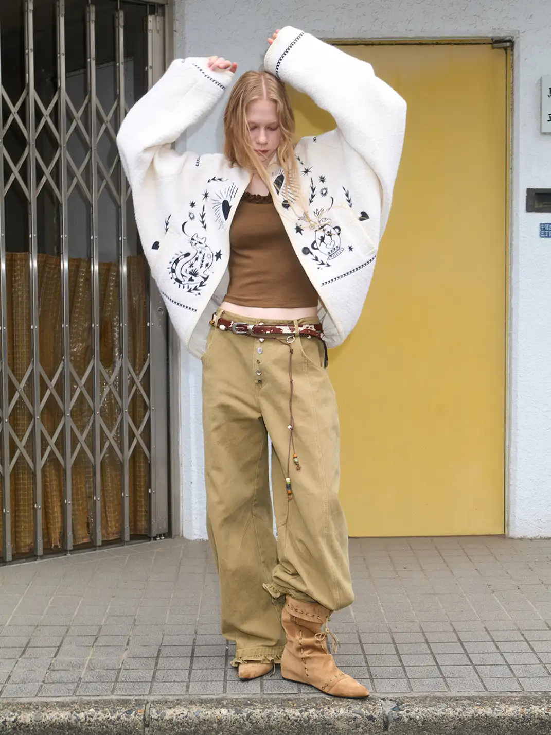 Outthe Blue | Embroidered Drop Shoulder Loose Woolen Jacket
