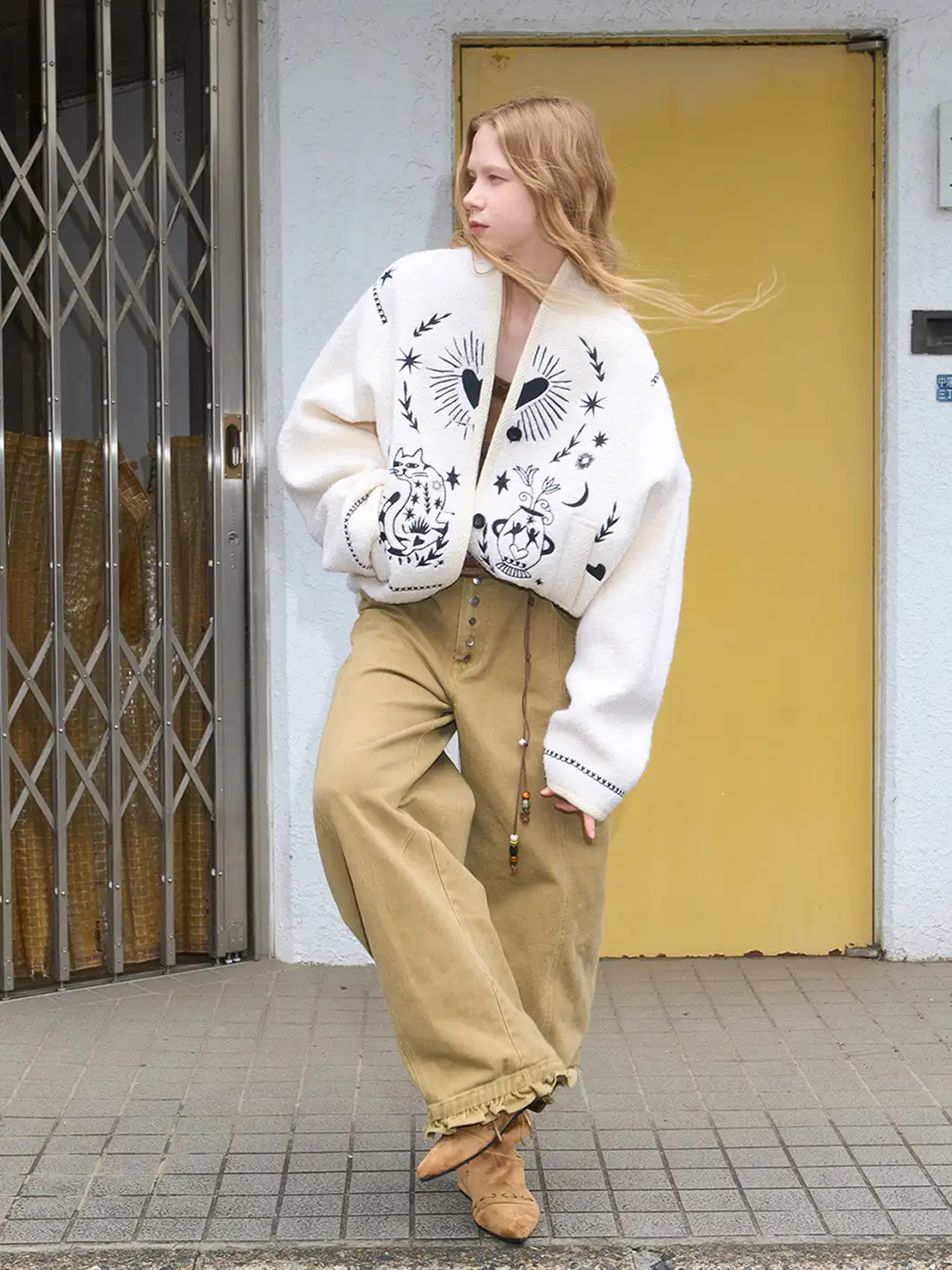 Outthe Blue | Embroidered Drop Shoulder Loose Woolen Jacket