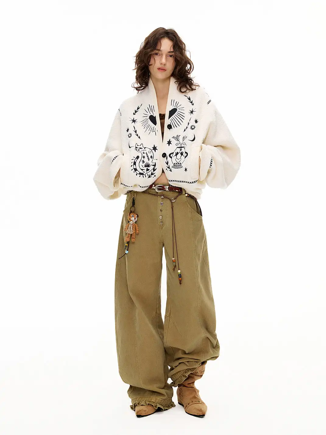Outthe Blue | Embroidered Drop Shoulder Loose Woolen Jacket