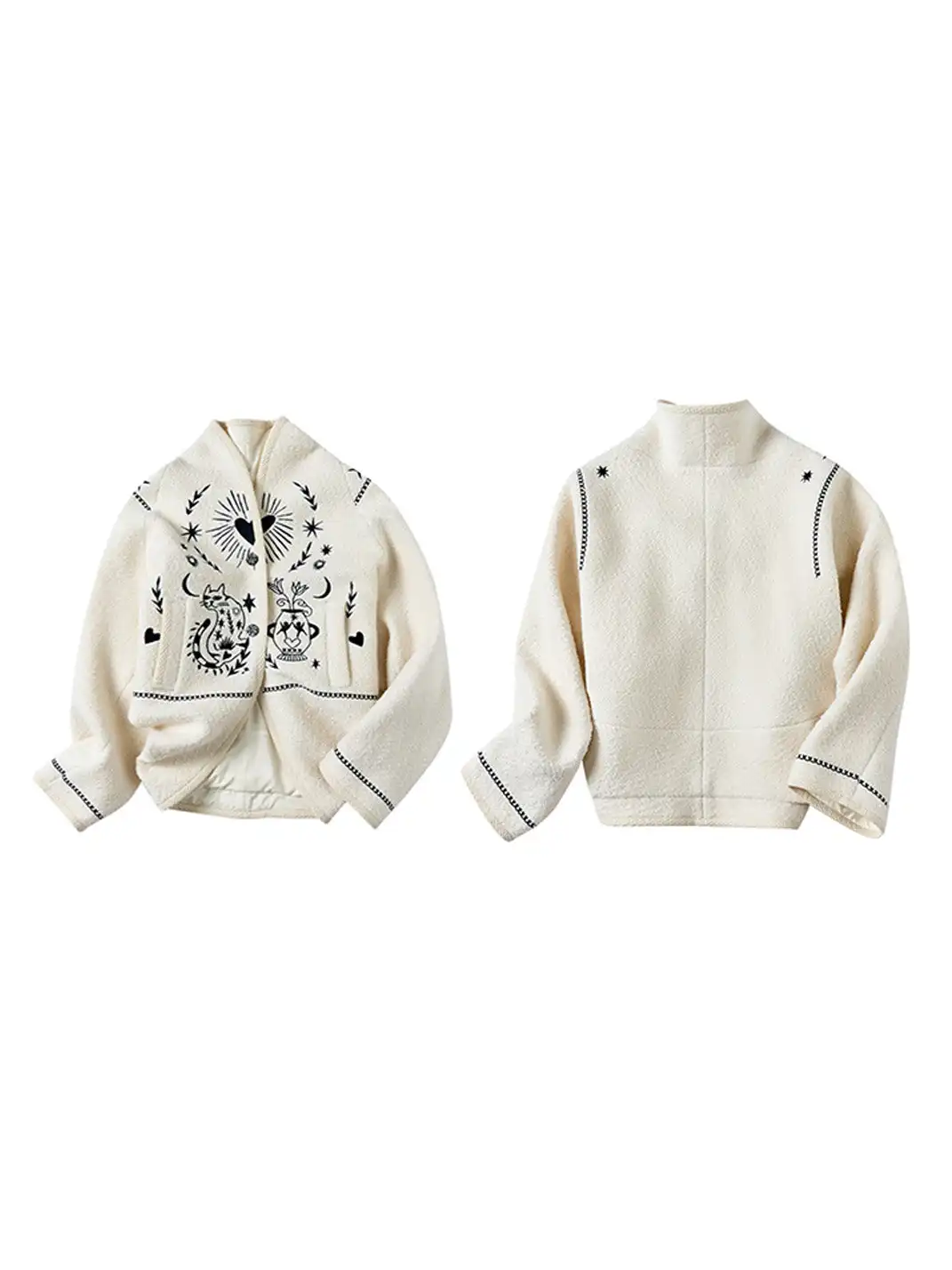 Outthe Blue | Embroidered Drop Shoulder Loose Woolen Jacket