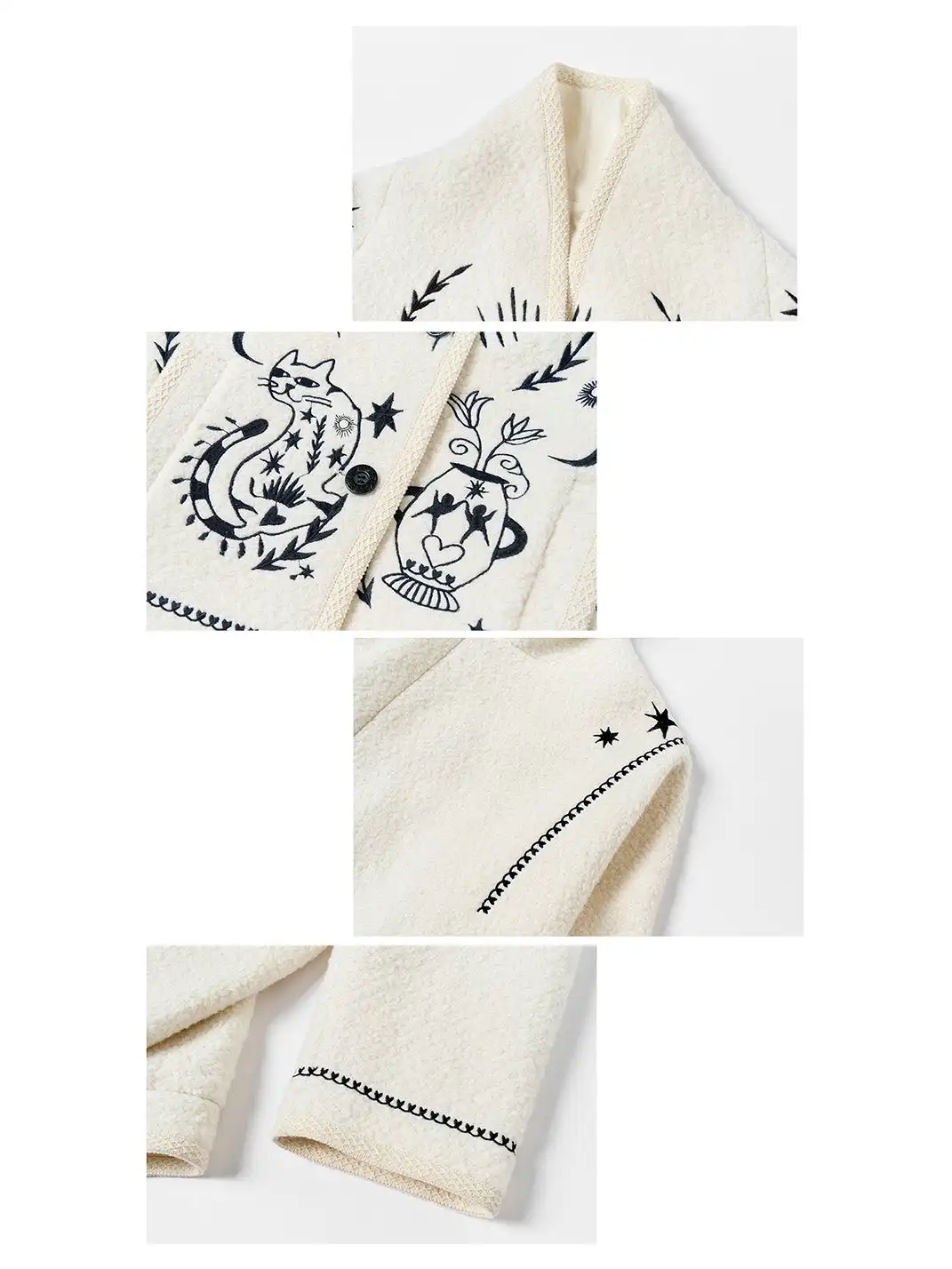 Outthe Blue | Embroidered Drop Shoulder Loose Woolen Jacket