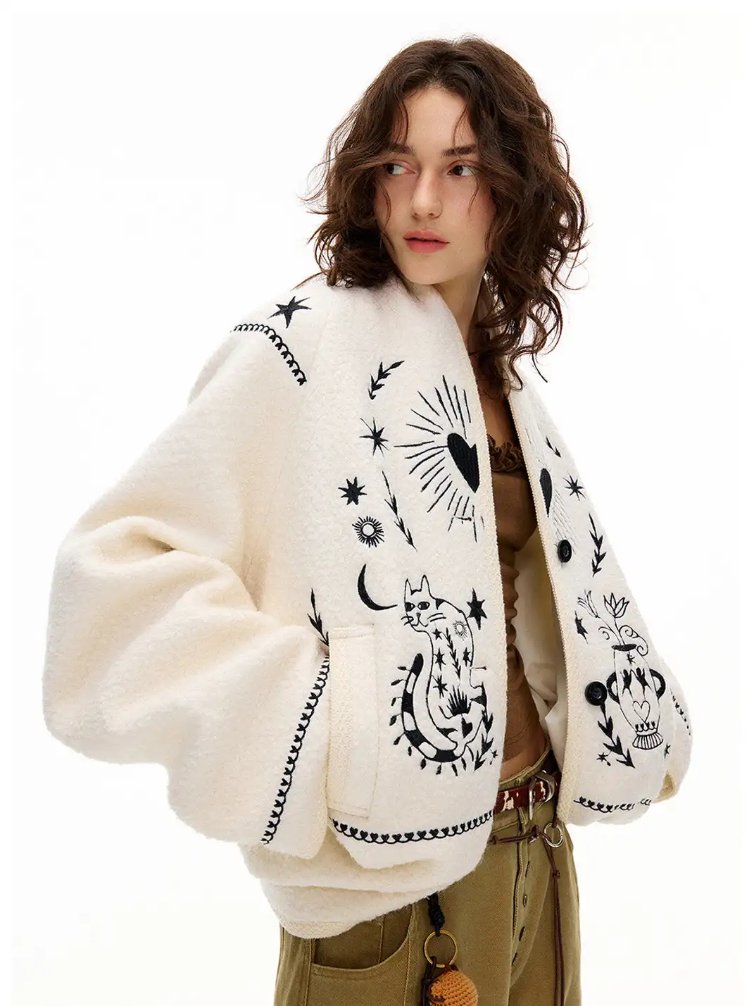Outthe Blue | Embroidered Drop Shoulder Loose Woolen Jacket