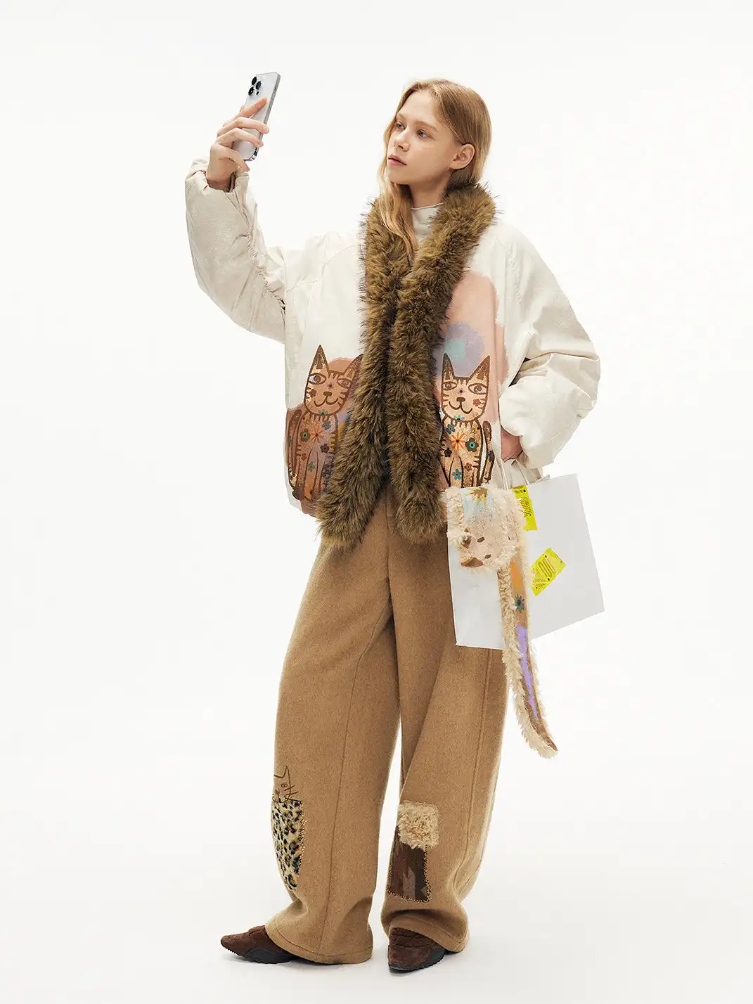 Outthe Blue | Wool Blend Cat Embroidery Patchwork Pants