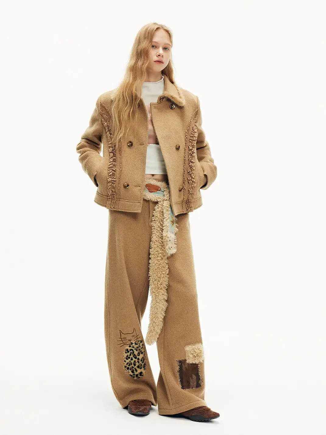 Outthe Blue | Wool Blend Cat Embroidery Patchwork Pants