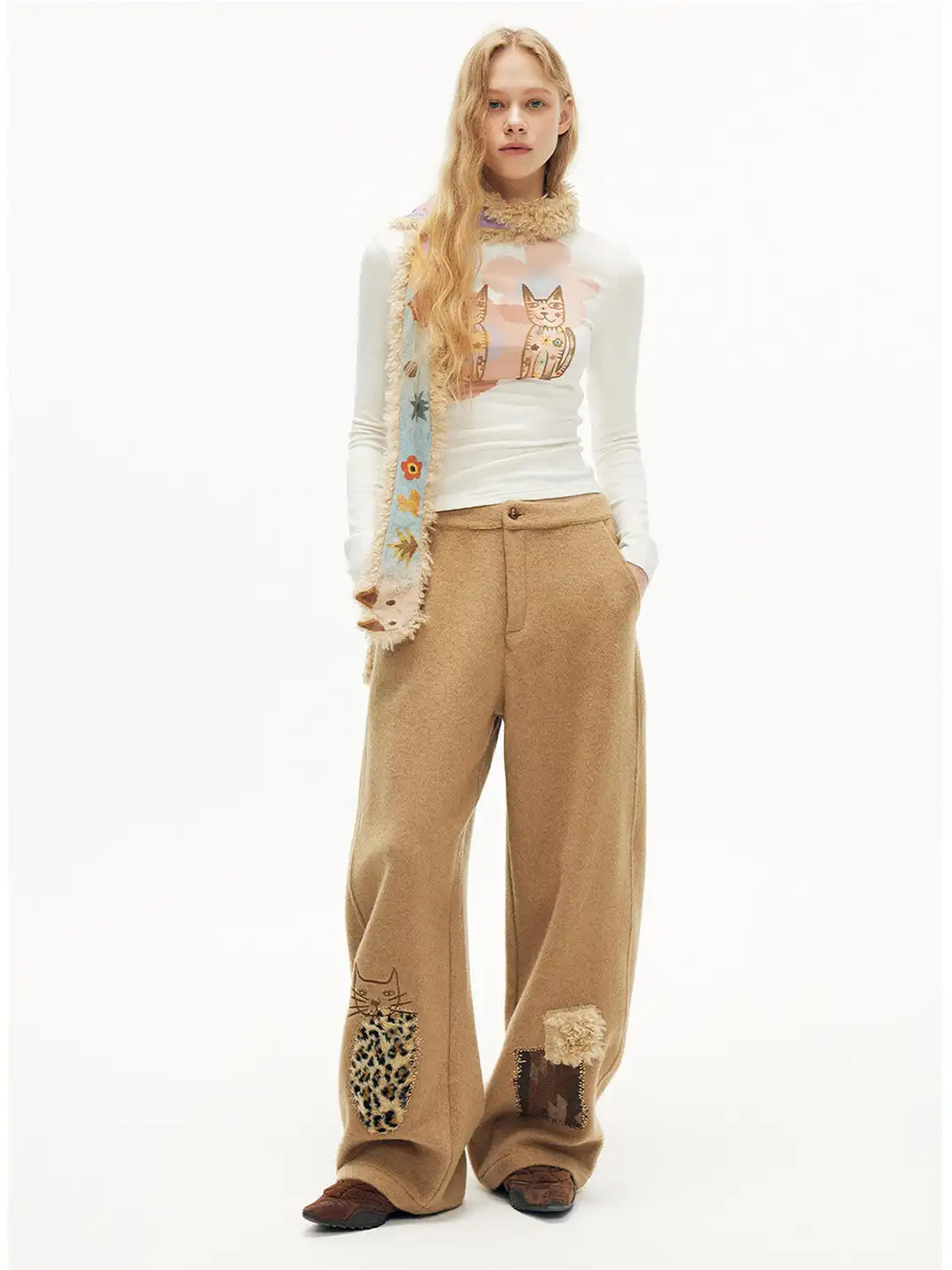 Outthe Blue | Wool Blend Cat Embroidery Patchwork Pants