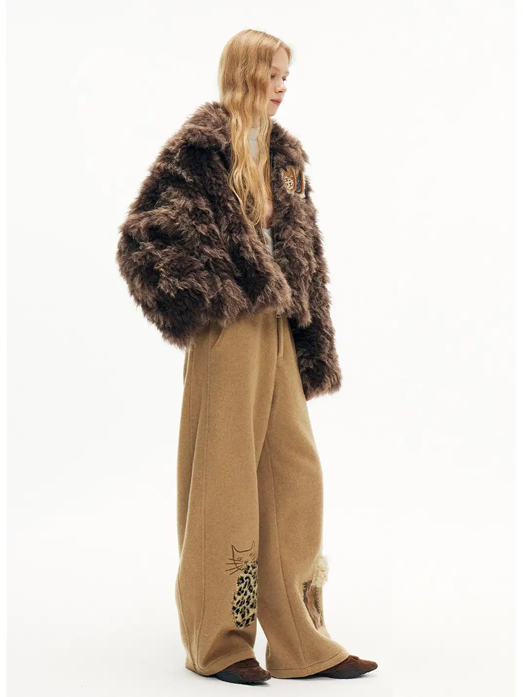 Outthe Blue | Wool Blend Cat Embroidery Patchwork Pants