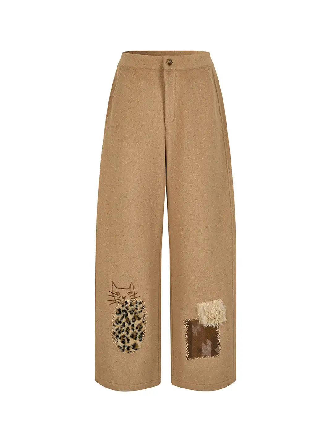 Outthe Blue | Wool Blend Cat Embroidery Patchwork Pants
