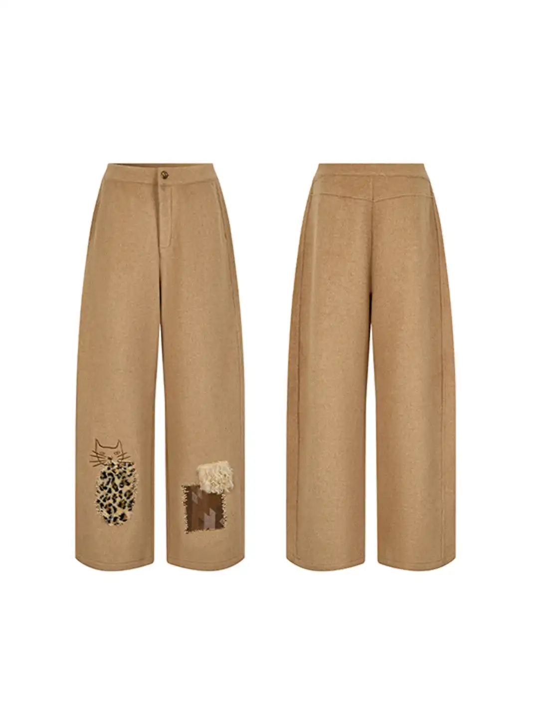 Outthe Blue | Wool Blend Cat Embroidery Patchwork Pants