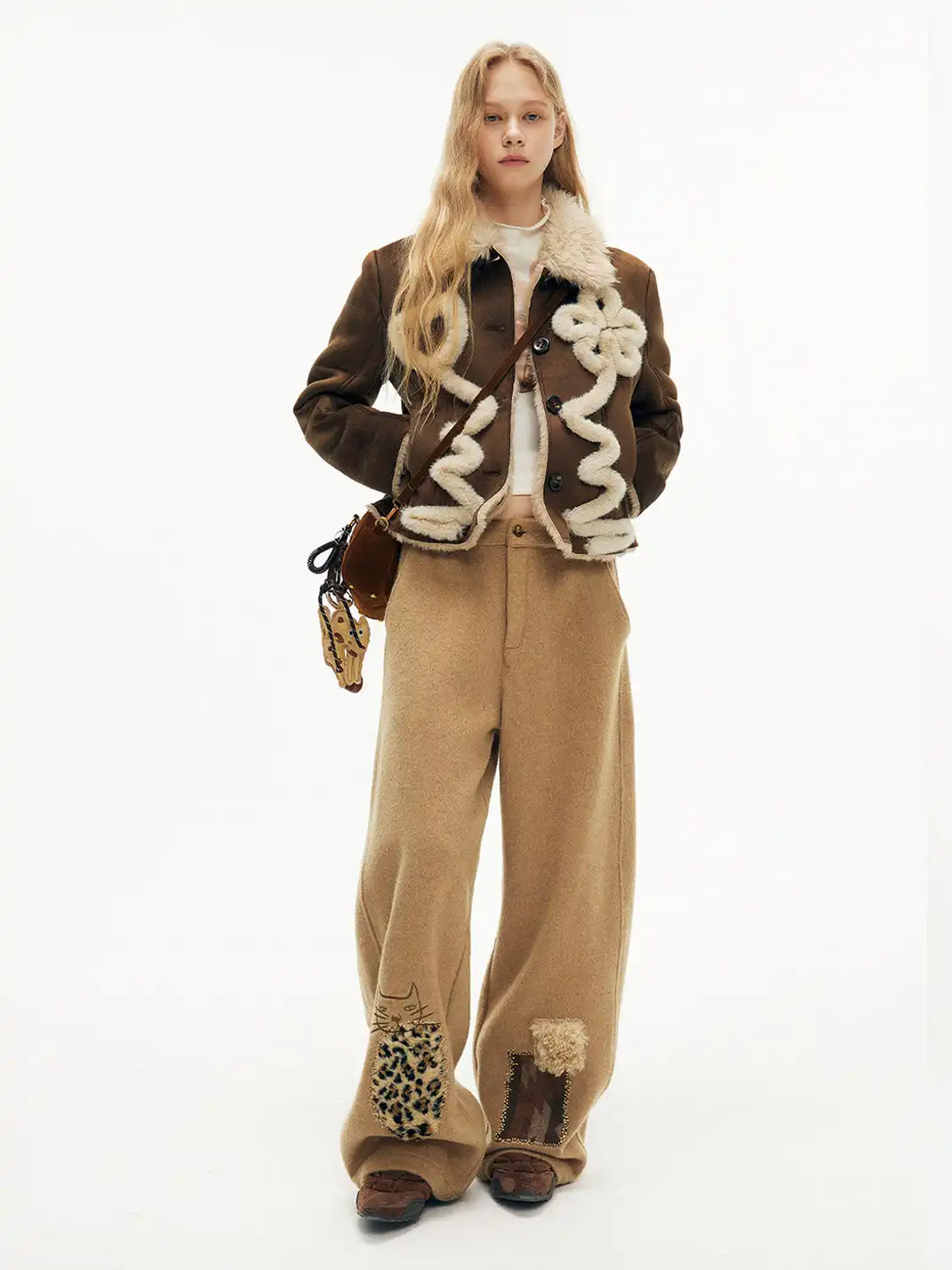 Outthe Blue | Wool Blend Cat Embroidery Patchwork Pants