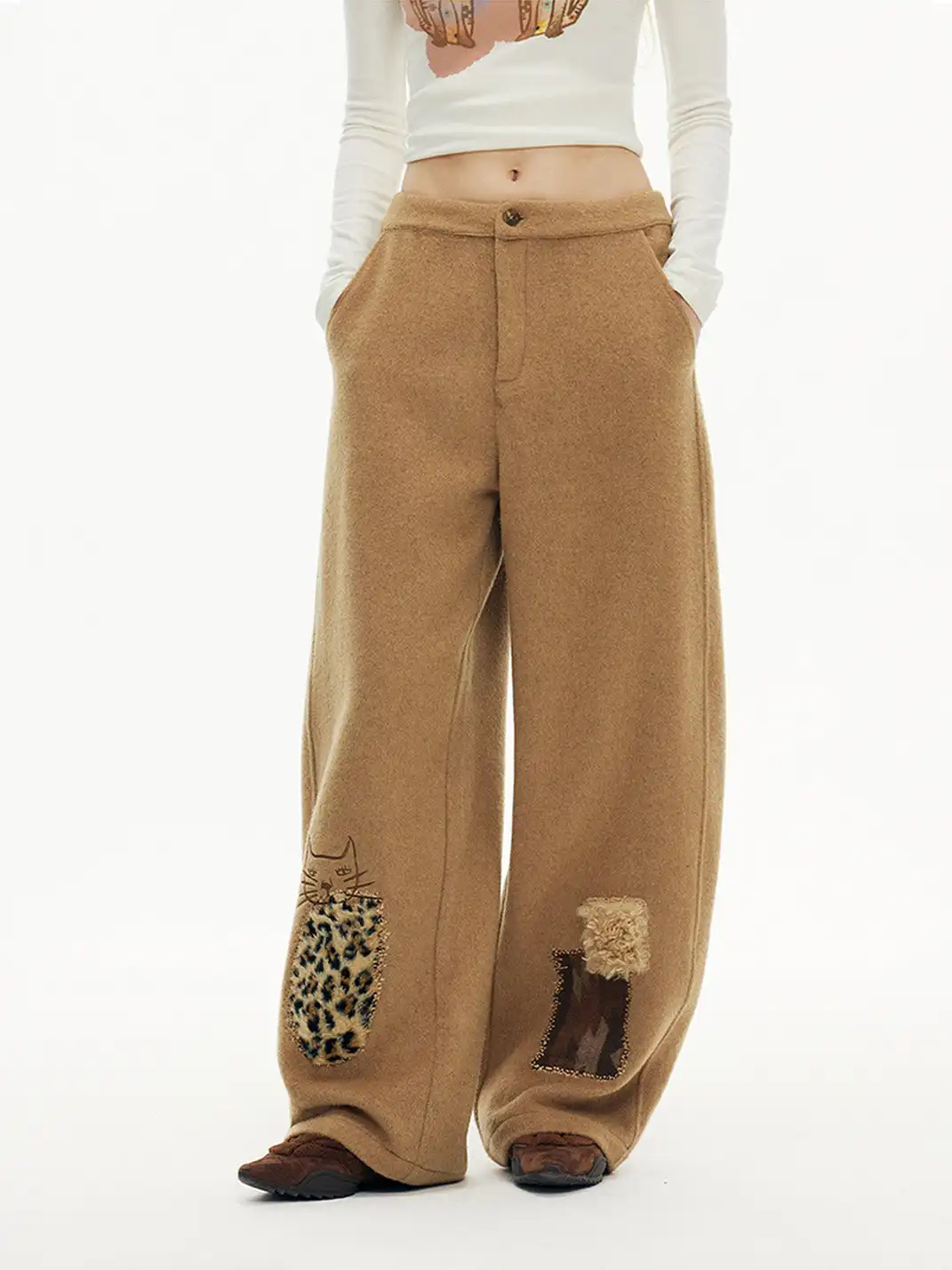 Outthe Blue | Wool Blend Cat Embroidery Patchwork Pants
