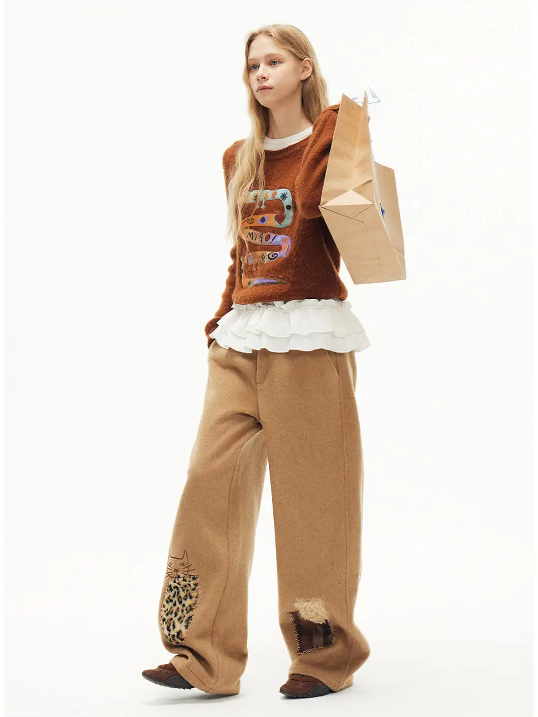 Outthe Blue | Wool Blend Cat Embroidery Patchwork Pants