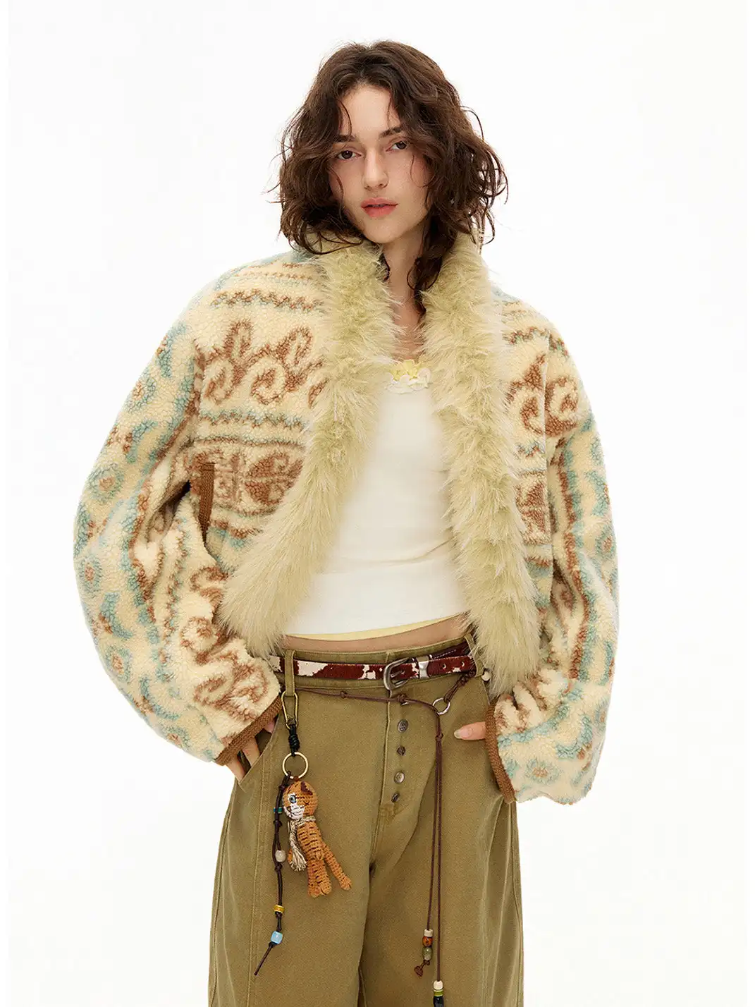 Outthe Blue | Fair Isle Patterned Lambswool Jacket with Fur Collar