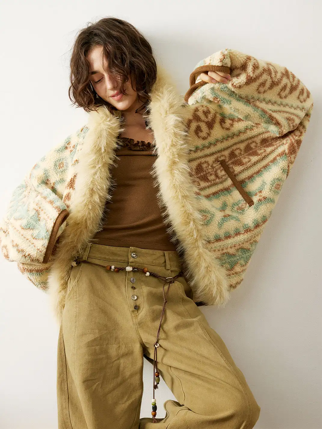 Outthe Blue | Fair Isle Patterned Lambswool Jacket with Fur Collar