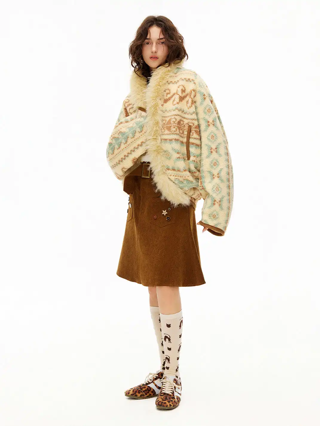 Outthe Blue | Fair Isle Patterned Lambswool Jacket with Fur Collar