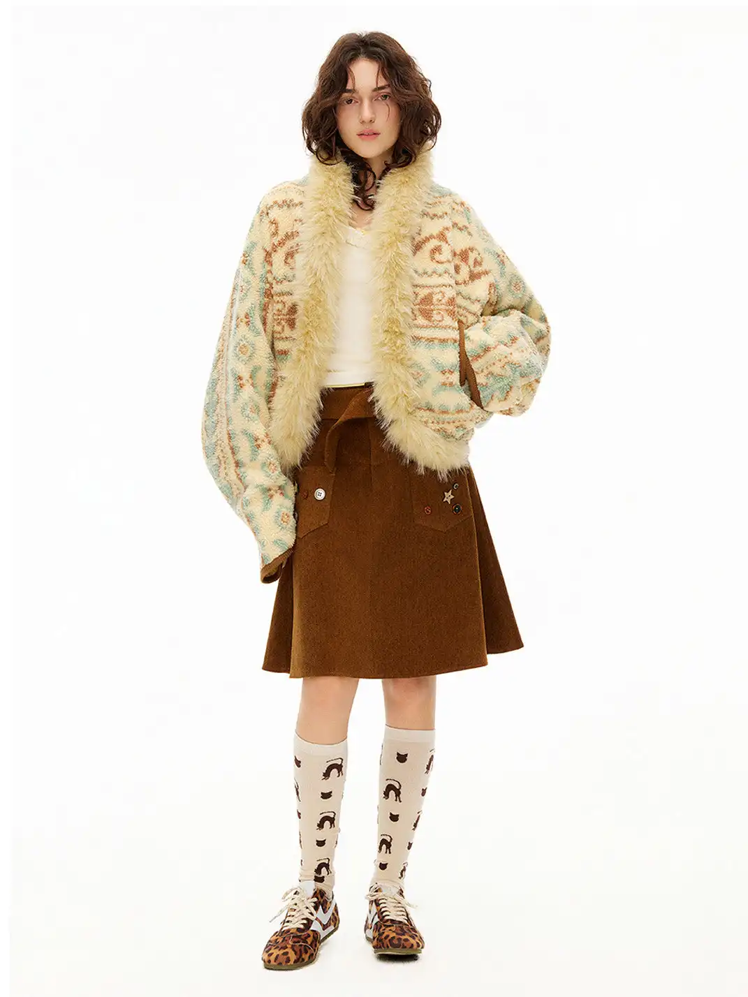Outthe Blue | Fair Isle Patterned Lambswool Jacket with Fur Collar