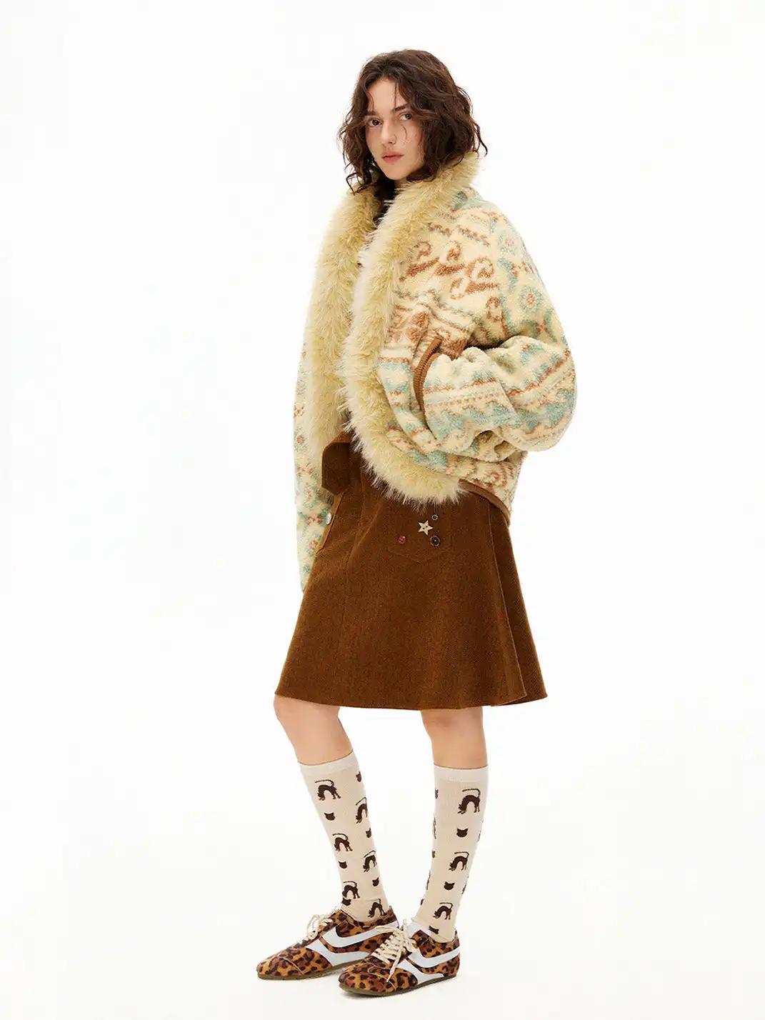 Outthe Blue | Fair Isle Patterned Lambswool Jacket with Fur Collar