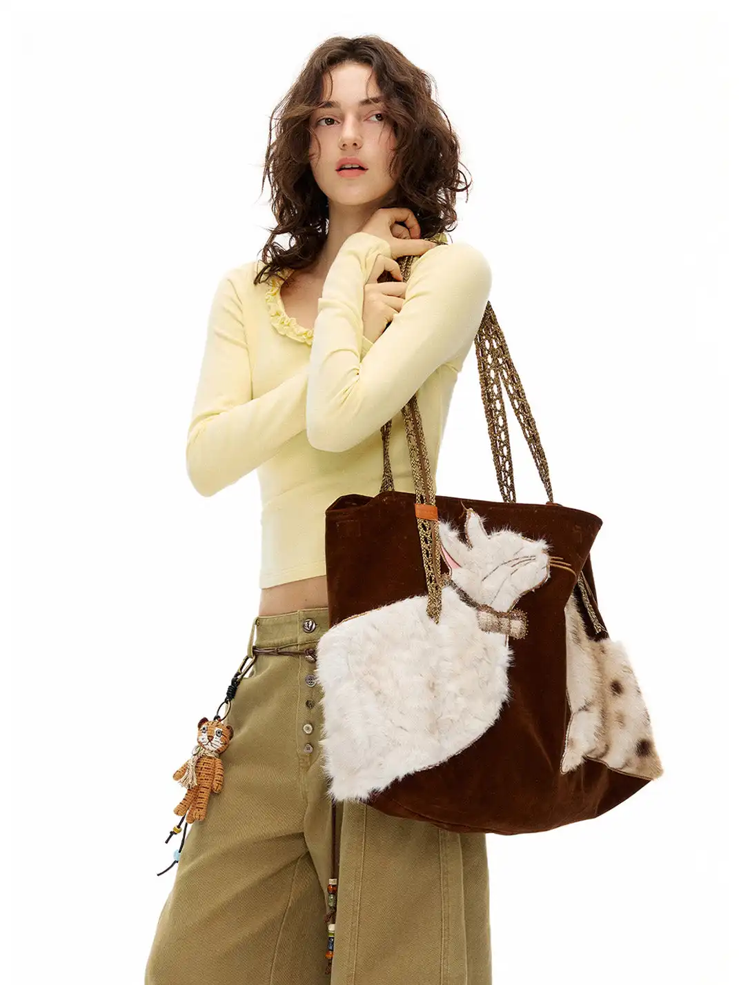 Outthe Blue | Eco-friendly Fur Cat Embroidery Tote Shoulder Bag