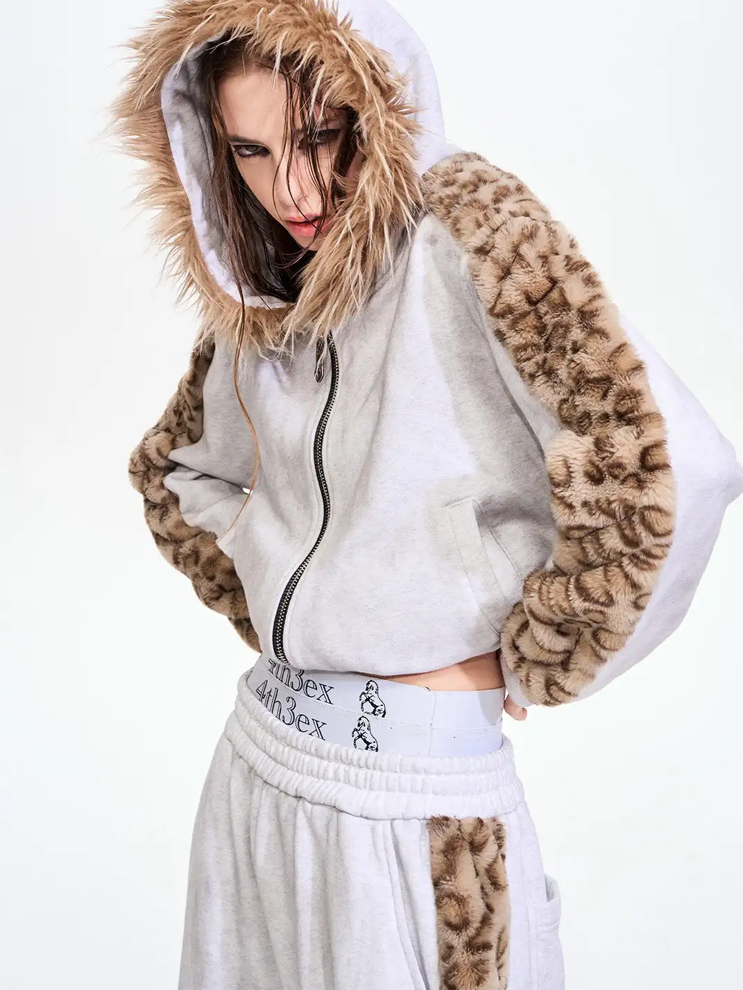 Fourth3ex | Leopard Fur Collar Hooded Jacket