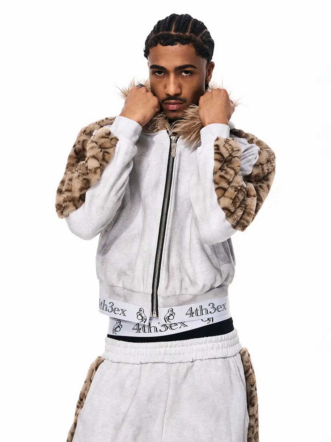 Fourth3ex | Leopard Fur Collar Hooded Jacket