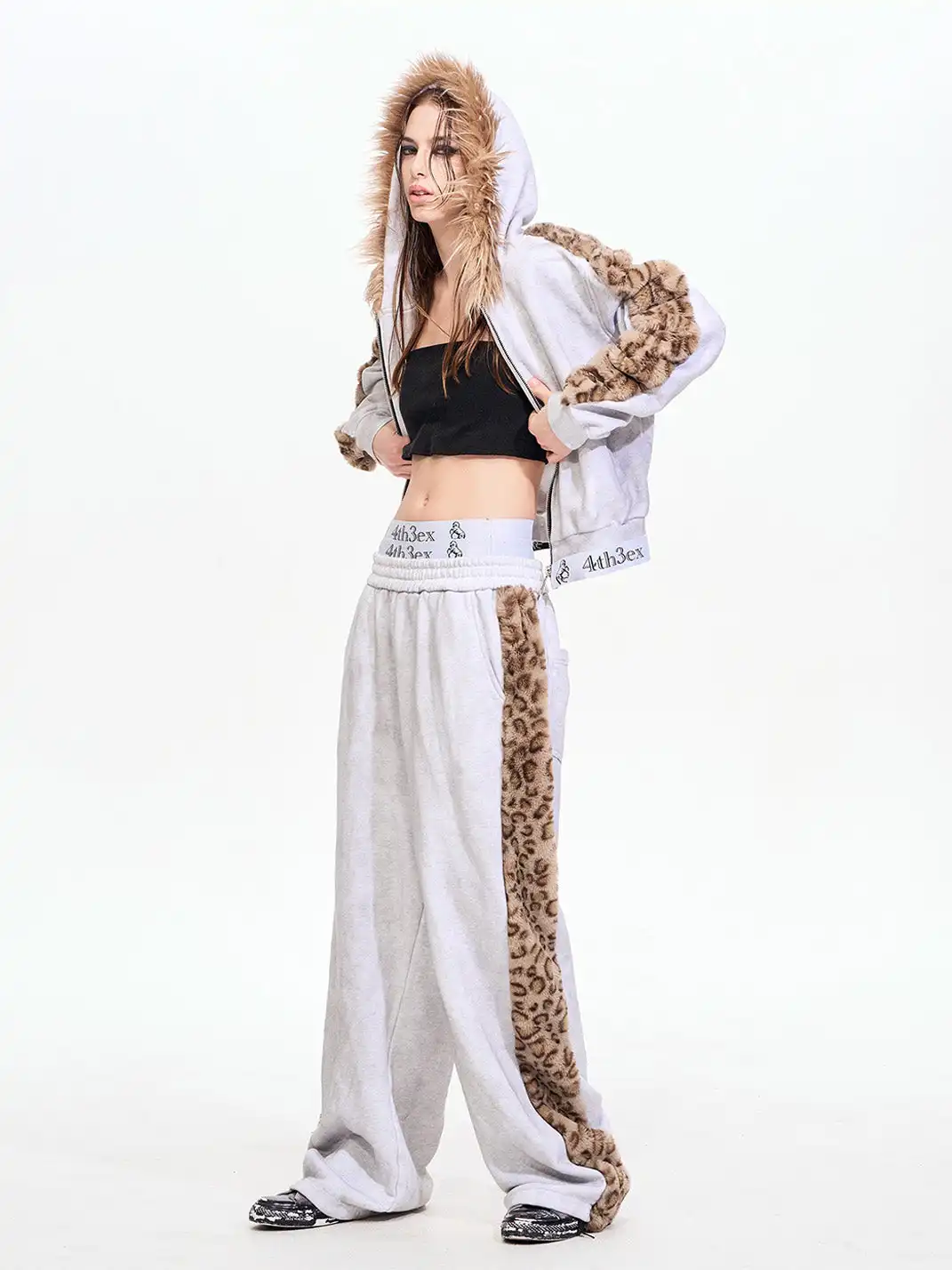 Fourth3ex | Leopard Fur Collar Hooded Jacket