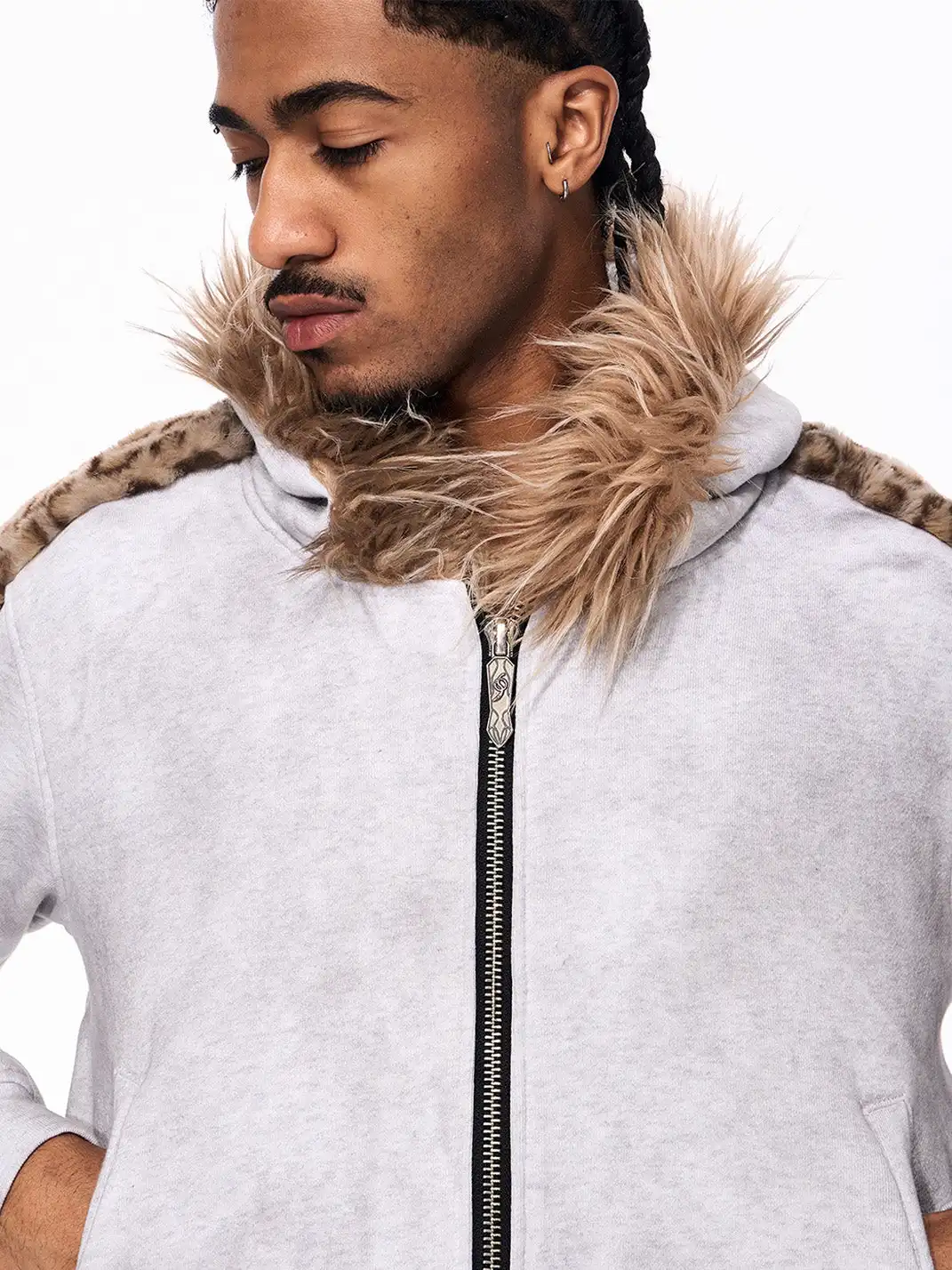 Fourth3ex | Leopard Fur Collar Hooded Jacket