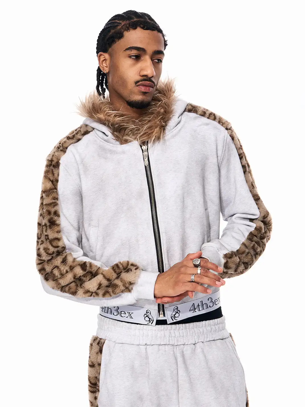 Fourth3ex | Leopard Fur Collar Hooded Jacket