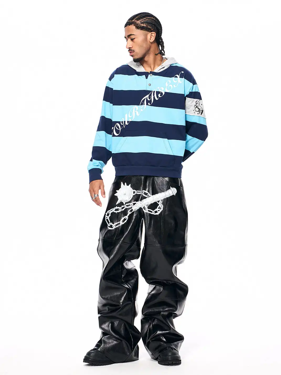 Fourth3ex | Embroidered War Horse Patch Striped Hoodie
