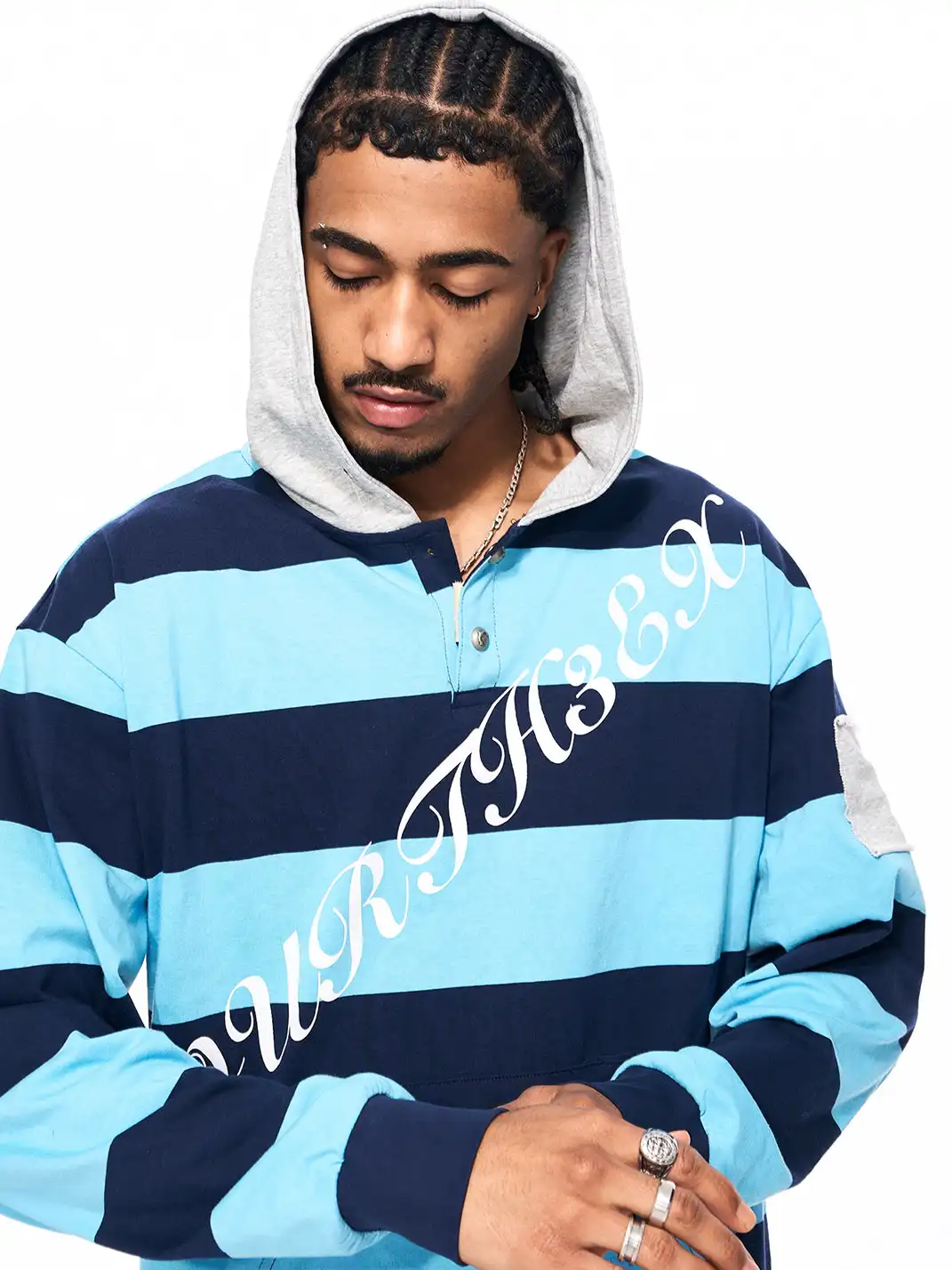 Fourth3ex | Embroidered War Horse Patch Striped Hoodie