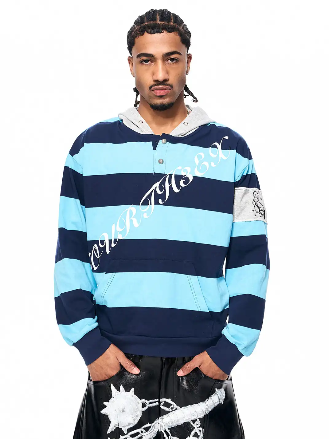 Fourth3ex | Embroidered War Horse Patch Striped Hoodie