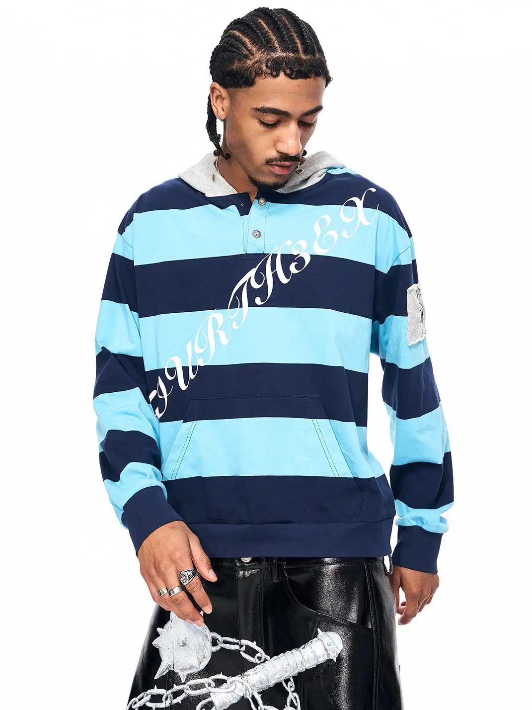 Fourth3ex | Embroidered War Horse Patch Striped Hoodie