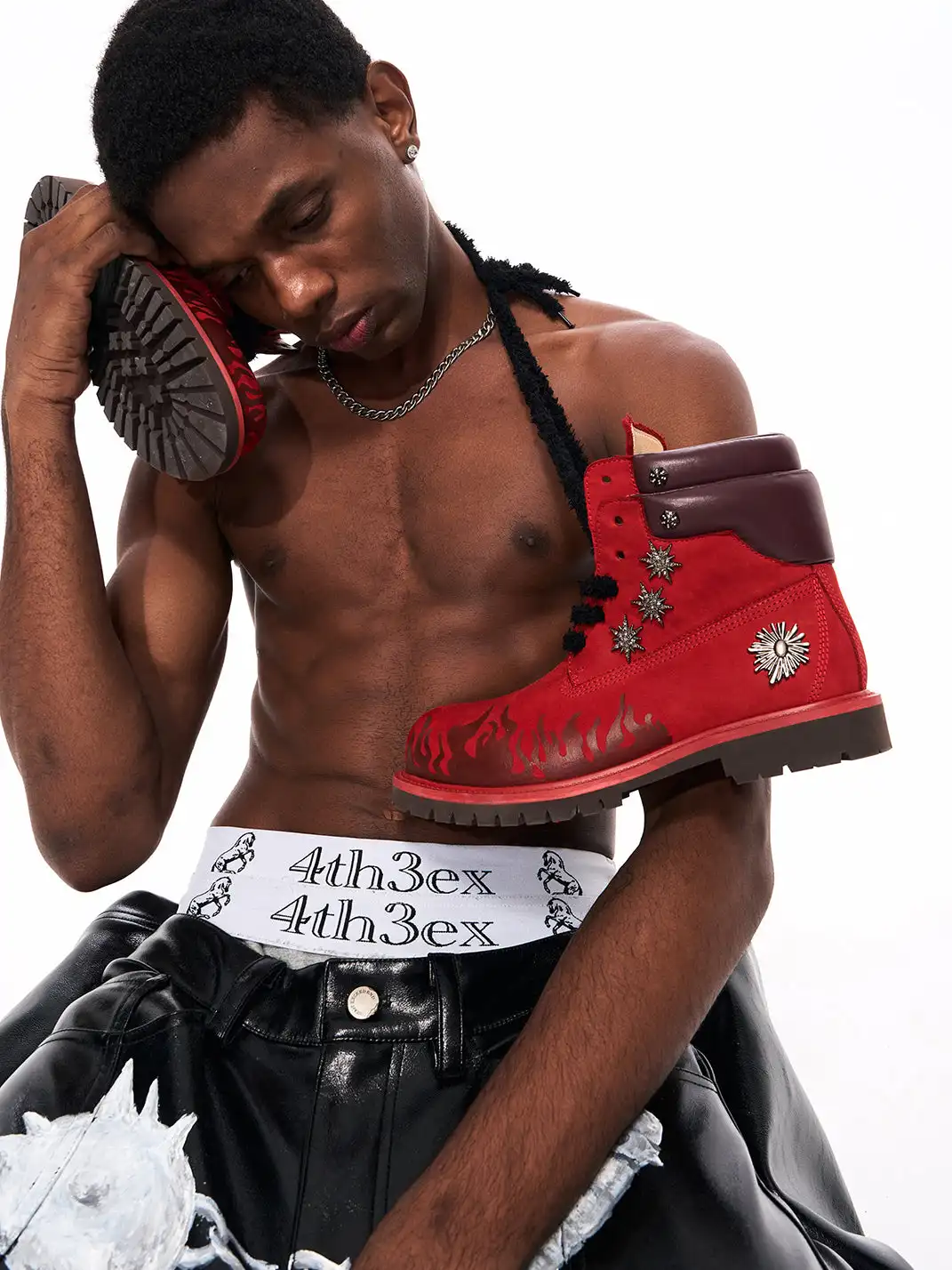 Fourth3ex | Flame Pattern Genuine Leather Combat Boots