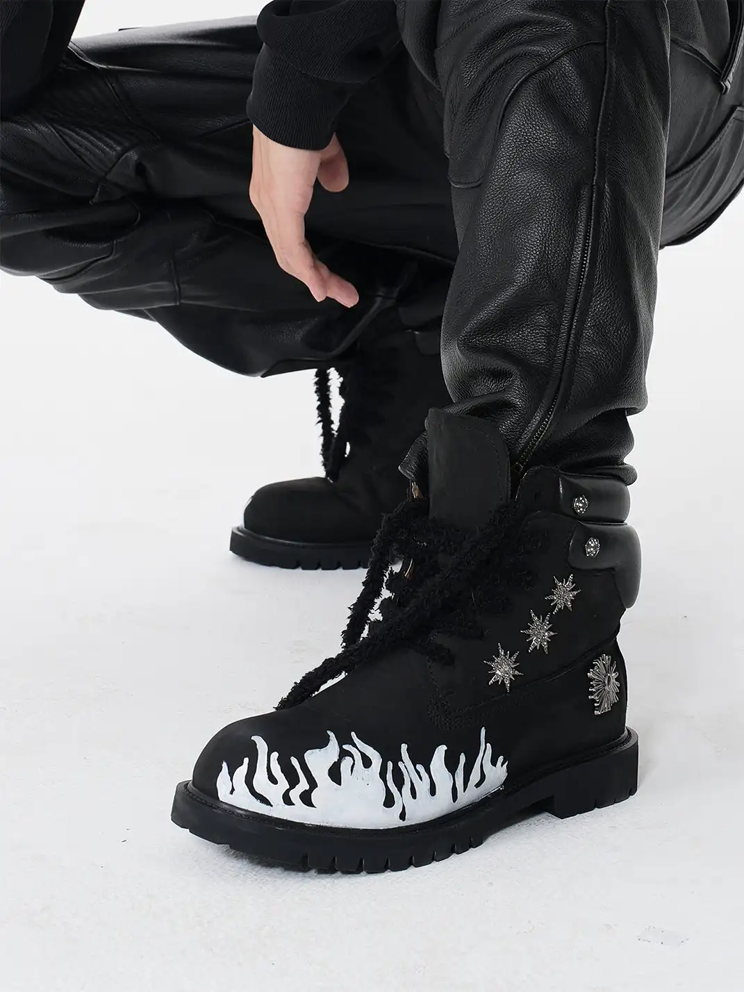 Fourth3ex | Flame Pattern Genuine Leather Combat Boots